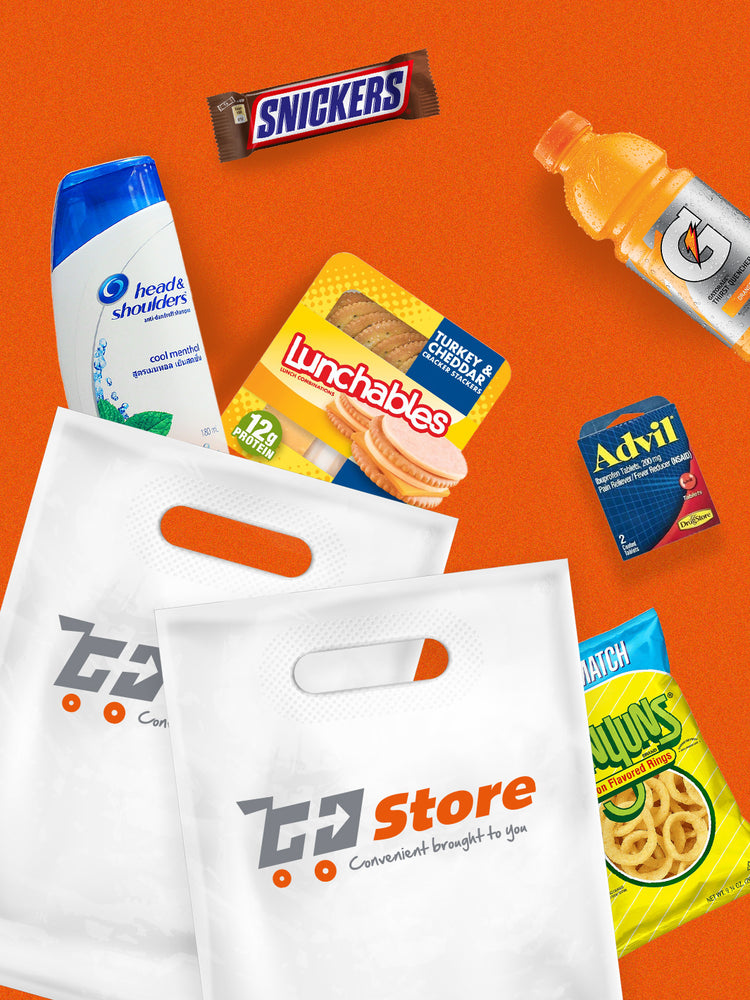 Go Store bags with snacks, drinks, and everyday essentials