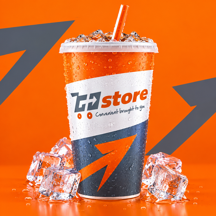Custom GOSTORE fountain drink illustration with an orange and slate cup, logo, straw, and ice cubes against an orange background