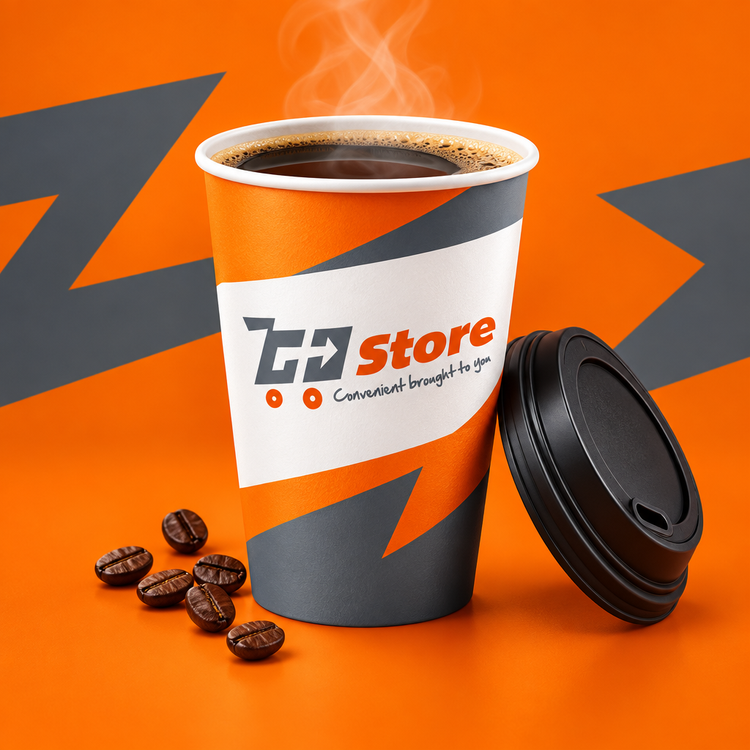 Custom GOSTORE illustration of steaming coffee in an orange and slate cup with the store logo, coffee beans, and a black lid