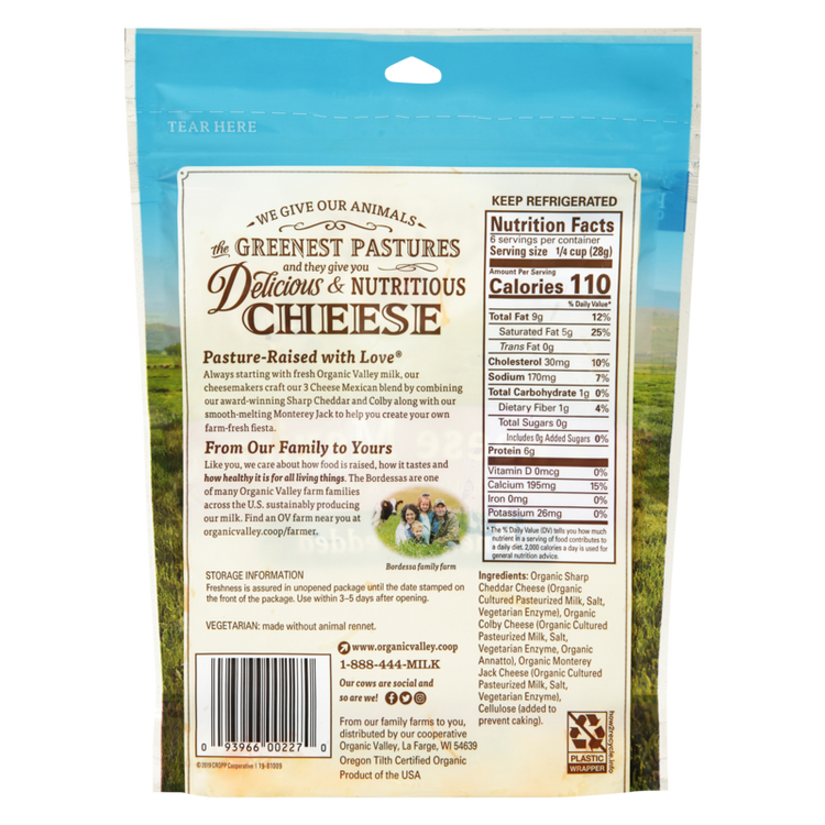 Organic Valley Mexican Blend Cheddar, Colby, Jack Finely Shredded Cheese 6oz